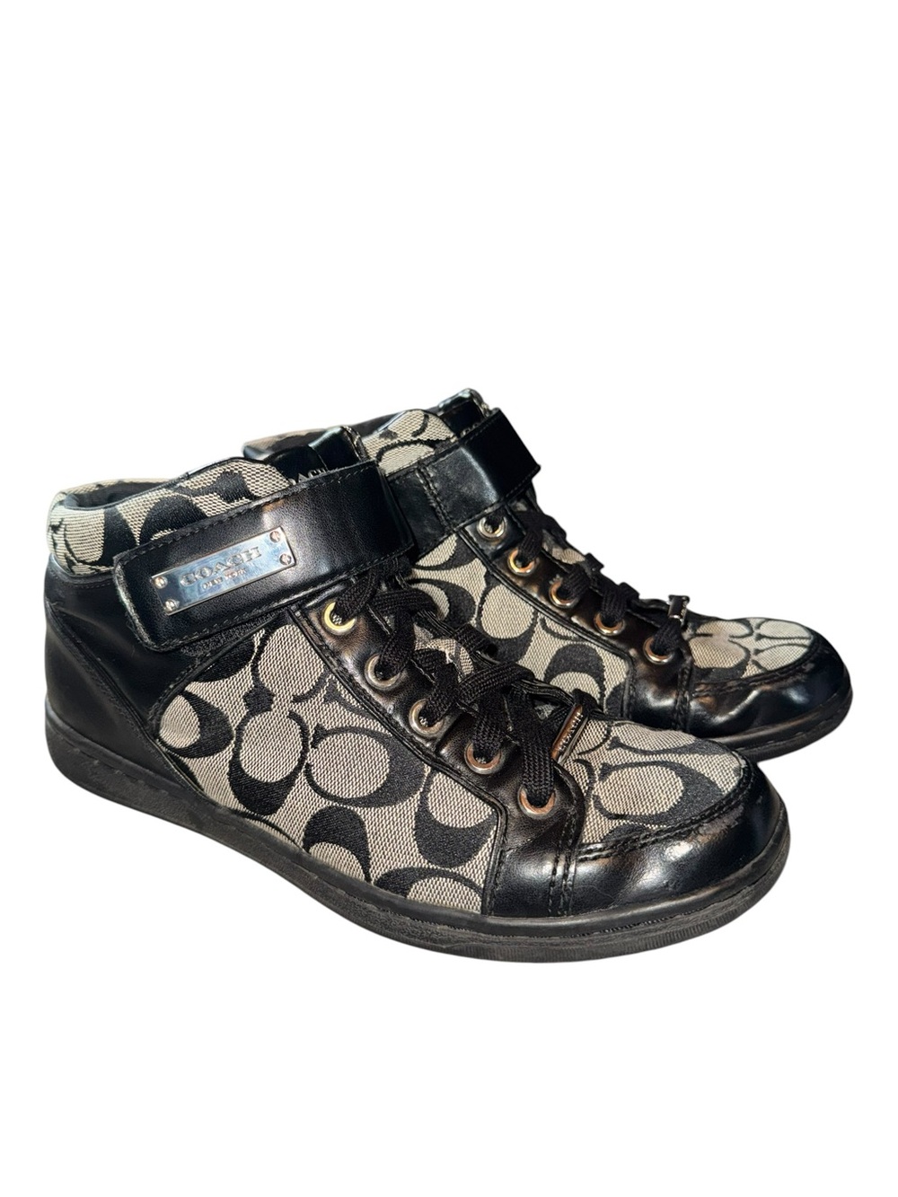 Coach Signature Sneakers Black Gray High Top Logo Lace Up Womenβs 7.5